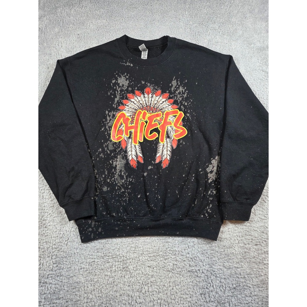 Gildan Chiefs Sweatshirt Medium Black Womens Bleach Splatter Graphic Crewneck